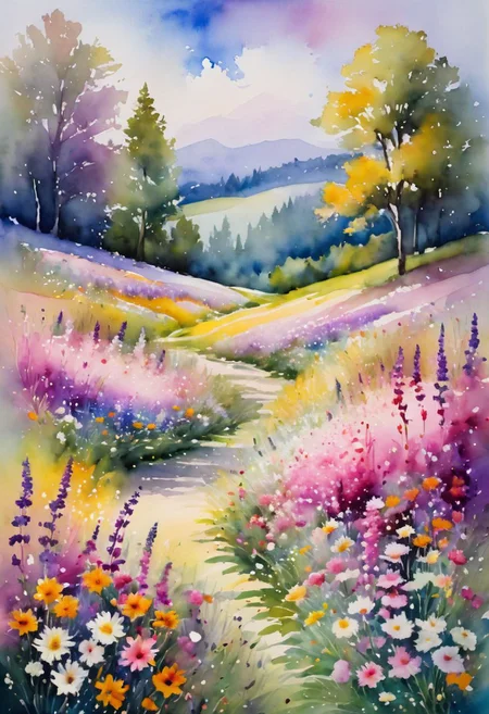 A captivating watercolor painting depicting a dreamlike landscape where reality and fantasy seamlessly merge. Colorful flowers bloom in abundance, releasing their enchanting fragrance into the air. The flora varies from delicate pastel hues to bold, vibrant colors, creating a symphony of visual and olfactory delight. The flowers appear to have a life of their own, as if they hold the essence of the soul, and their fragrance is carried by the gentle breeze, caressing the skin with a sense of pure bliss.