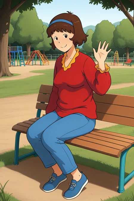 masterpiece, best quality, amazing quality, absurdres, solo, cailloudoris, smile, closed mouth, sitting, looking at viewer, waving, short brown hair, blue hairband, red shirt, blue pants, blue shoes, outdoors, playground, bench, tree, grass