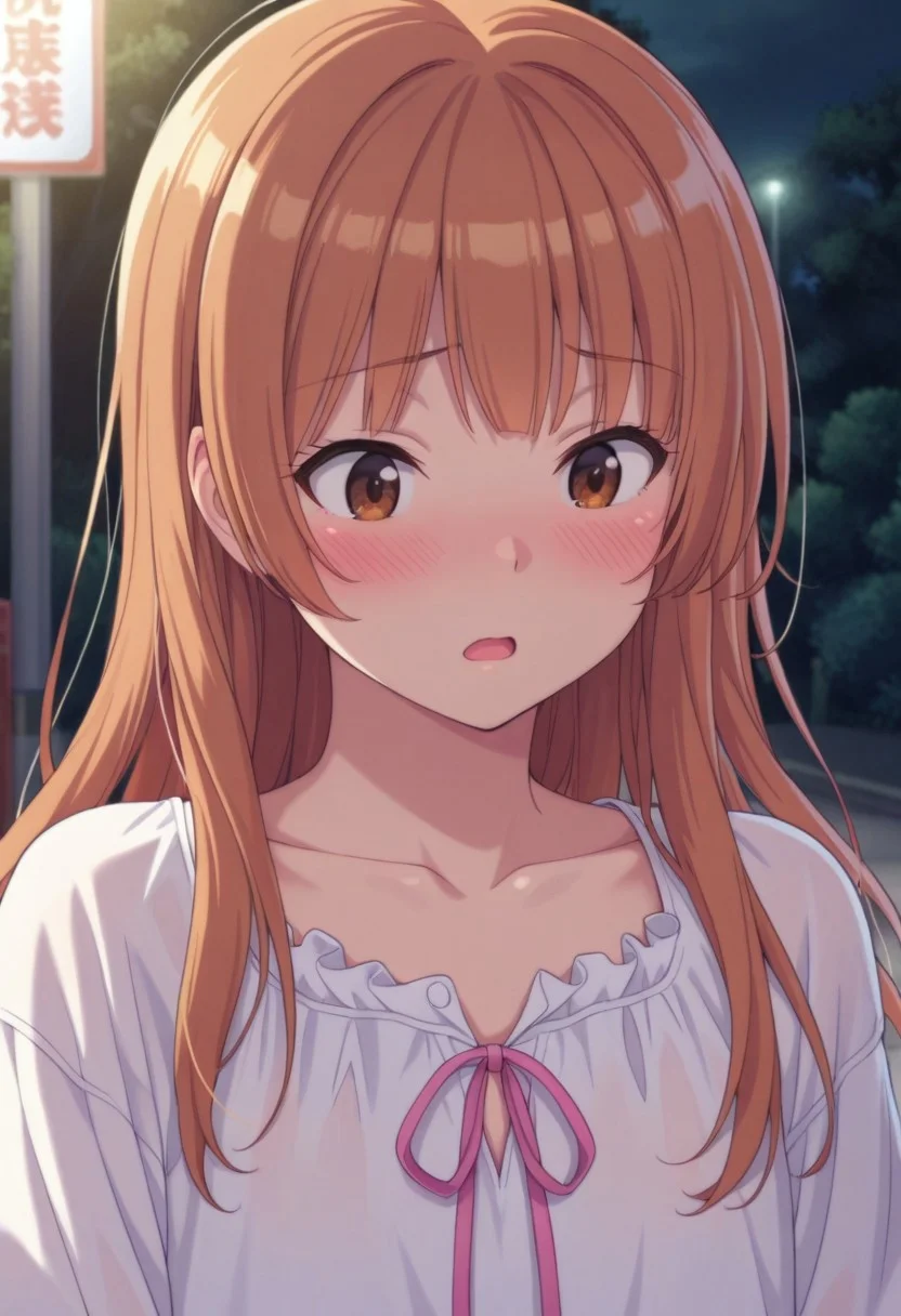masterpiece,best quality,amazing quality, sumizome akemi, amber hair, long hair, brown eyes, solo, collarbone, open mouth, blush, 1girl, solo, outdoors, upper body, shirt, pink ribbon, crossdressing, night, white shirt