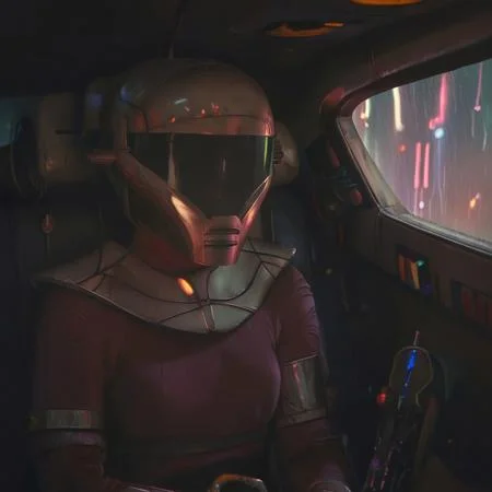 score_9, score_8_up, score_8_up, masterpiece, high detail, best quality, 1girl, solo, Zorii Bliss from Star Wars, standing, looking at viewer, helmet, maroon bodysuit, bronze armor, shoulder plates, bracers, belt with buckle, tight holsters, dual holsters, knee-high boots, leather boots, inside, spaceship, cockpit, sitting, piloting, detailed background