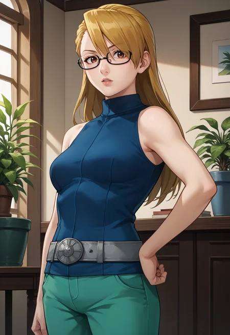 score_9, score_7_up, source_anime, 1girl, cowboy shot, looking at viewer, parted lips, hand on own hip, <lora:AdrianAA-pdxl:1> andrews, blonde hair, long hair, asymmetrical bangs, brown eyes, glasses, sleeveless shirt, medium breasts, blue shirt, turtleneck, grey belt, green pants, indoors, potted plant
