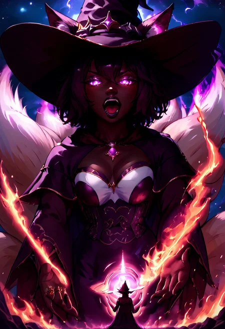 (score_9, score_8_up, score_7_up), 8K, (best quality:1.2),
((1girl)),
dark skin, black hair, perfect beautiful face, (very short round afro: 1.4), (((Kitsune)), (Fox ears:1.6), ((fox tail:1.6)), ((nine tails:1.6)), long fox tails), saddle brown tails:1.6, black fur tips: 1.6), glowing purple eyes, cat pupils, open mouth showing teeth, fangs, seductive look, beautiful woman, giantess, close up, 
medium round breasts, tall torso, small round ass, 
black lipstick, silver jewelry, ornate necklaces with glowing purple gem stones, purple and black loosely laced shirt, goth outfit, black thigh high laced boots, white and gold corset, tight black leather skirt, black finger nails, black leather boots, (witch hat:1.4), purple flames, (Spell rings, (dark aura)), black fire, black hole in hands, holding black holes, (dark forest theme), 
out of focus luminous fire in background