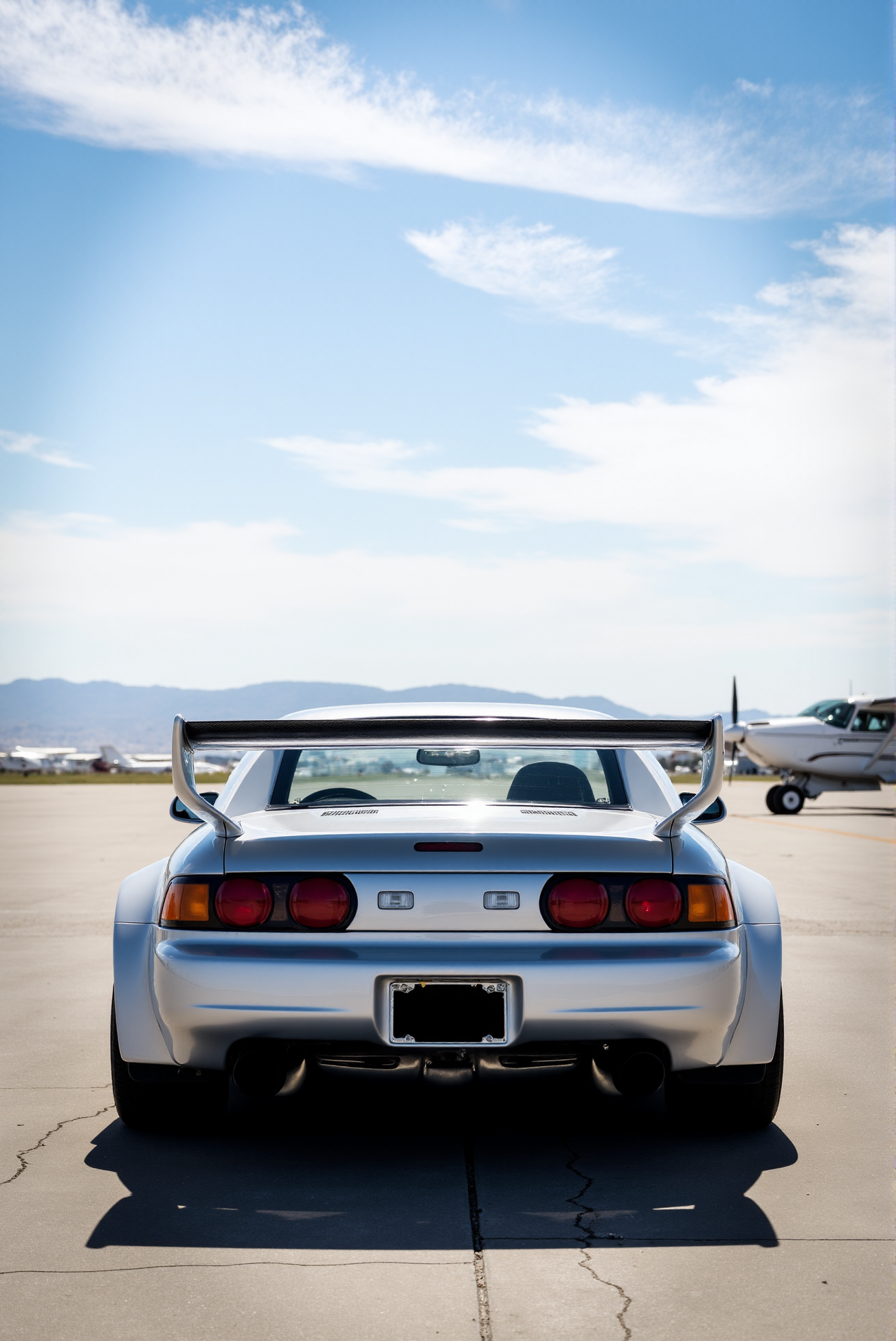 <lora:Toyota_MR2_SW20:0.8> 
A silver Toyota MR2 SW20 parked on a sunlit airstrip, photographed in a dramatic rear three-quarter angle against a backdrop of aircraft and blue sky with drifting clouds. The carâs metallic finish glows under harsh sunlight, casting sharp reflections across the flared rear fenders and carbon spoiler. The stance is wide and assertive, accentuated by polished wheels and black-tinted glass. The dual circular taillights are crisp and red, paired with a wide single exhaust outlet beneath the aggressive rear bumper. Heat shimmer rises faintly from the tarmac, blending with shadows that trail behind the car. The elevated rear wing slices against the sky, symbolizing aerodynamic purpose. The juxtaposition of car and aircraft infuses the scene with motion, freedom, and mechanical precisionâevoking power both grounded and ready for flight.