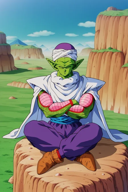 score_9, score_8_up, score_7_up, score_6_up,source_anime, BREAK break wasteland,brown ground,on cliff,outdoors, grass,blue sky,plateau,mountain,piccolo,1boy, full body,green skin, white turban, white cape, purple dougi,pink patches, blue sash, brown shoes,purple pants,pointy ears,sitting, indian style, crossed arms, closed eyes,serious, sleeveless,crossed legs,from above,floating, flying <lora:BreakWastelandPony:1> <lora:Piccolo_v0_9:1>