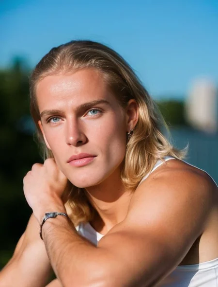 (8k, RAW photo, best quality, masterpiece:1), (realistic, photo-realistic:1), ultra-detailed, (high detailed skin:1), 8k uhd, dslr, soft lighting, high quality, film grain, blondboy, men person, low camera, chin up, long hair, looks into viewer, cityscape background <lora:PrettyBoy:0.5> <lora:BLONDBOY:1>