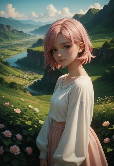 score_9, score_8_up, score_7_up, score_6_up, source_anime, masterpiece, newest,
masterpiece, best quality, illustration, beautiful detailed
1girl, pink hair, medium hair, long sleeves, solo, cute, landscape, outdoors, rule of thirds