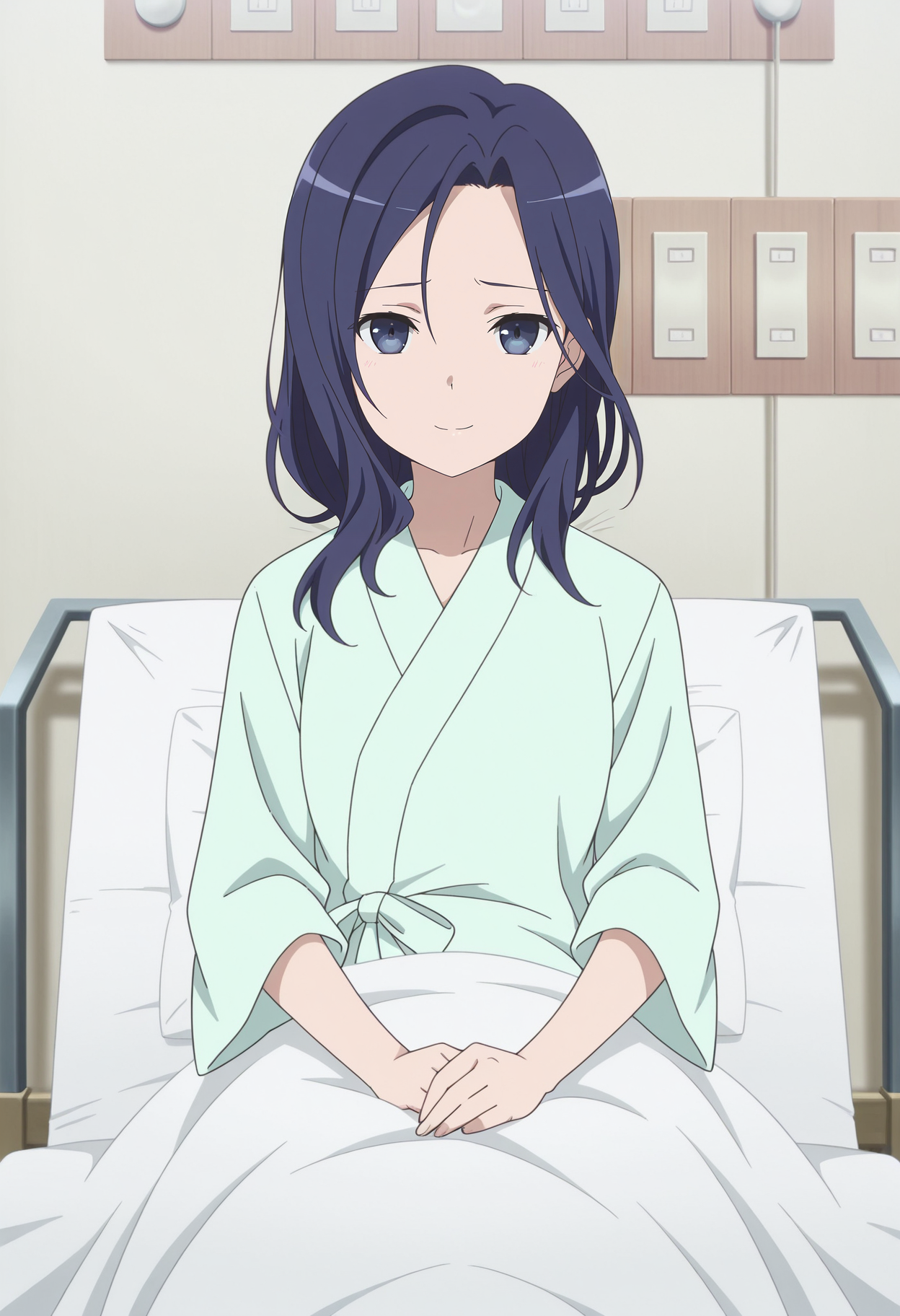 1girl,solo,Kaoru Furushou,long hair,blue hair,blue eyes,anime coloring,
hospital gown, hospital bed, on bed,looking at viewer, sad smile,indoors
,masterpiece,best quality,amazing quality,<lora:Kaoru_Furushou-Highschool_Fleet:0.8>