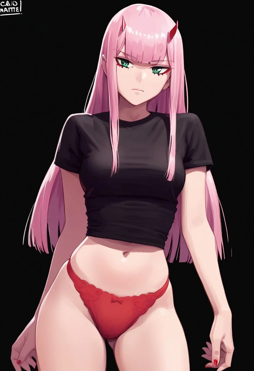 score_9, score_8_up,score_7_up,,carlom , 1girl, solo, long hair, breasts, looking at viewer, bangs, simple background, shirt, navel, medium breasts, closed mouth, underwear, green eyes, standing, panties, pink hair, short sleeves, cowboy shot, horns, blunt bangs, nail polish, black shirt, black background, no pants, straight hair, red nails, arms at sides, red panties, red horns, zero two (darling in the franxx)