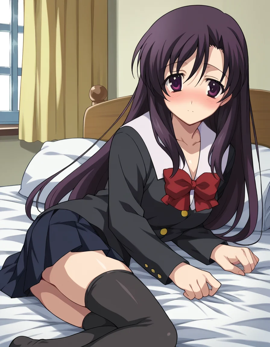 score_9, score_8_up, score_7_up, source_anime,
kotonohakatsura, <lora:kotonoha-katsura-ponyxl-lora-nochekaiser:1>,
kotonoha katsura, purple eyes, black hair, long hair,
black thighhighs, bow, red bow, school uniform, skirt, thighhighs, zettai ryouiki,
indoors, bed, bed room, on side, blush, drunk,
looking at viewer, cowboy shot,