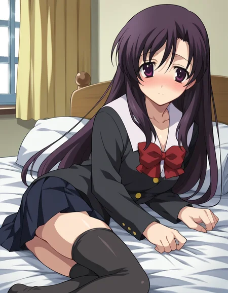 score_9, score_8_up, score_7_up, source_anime,
kotonohakatsura, <lora:kotonoha-katsura-ponyxl-lora-nochekaiser:1>,
kotonoha katsura, purple eyes, black hair, long hair,
black thighhighs, bow, red bow, school uniform, skirt, thighhighs, zettai ryouiki,
indoors, bed, bed room, on side, blush, drunk,
looking at viewer, cowboy shot,