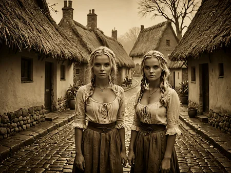 Professional photography. award winning cinematic photo.

The village of the cursed. Cobblestone road. Thatched roof.

Sepia. 26yo blonde adults with wide staring eyes. 

Atmospheric, rustic, misty. Vivid.
