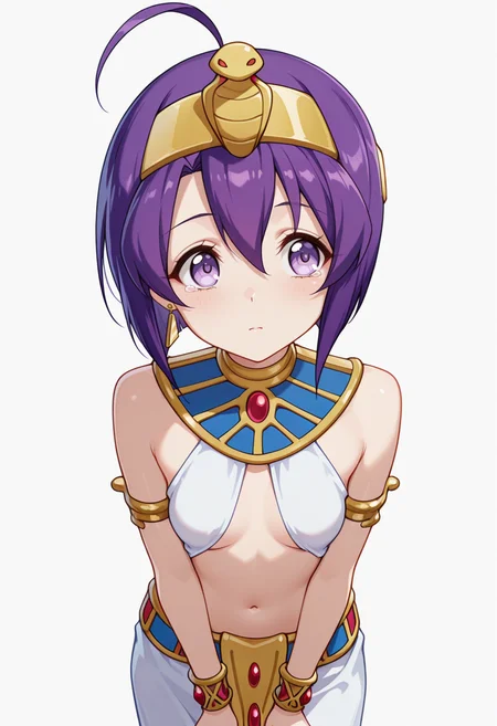 Smooth Quality,masterpiece,very intricate, high quality details, ultra realistic, high detailed skin,detailed enviorement,absurdres,
inward v,
 <lora:Medusa_CNR:0.8> medusa_cnr,  1girl, purple hair, short hair, ahoge, bangs,purple eyes, small breasts, hairband, egyptian, medusa_def_cnr,bare shoulders, midriff, navel,egyptian clothes, usekh collar, bracelet, earrings, armlet, sandals,, lonely,, simple background, white background, front view,solo,