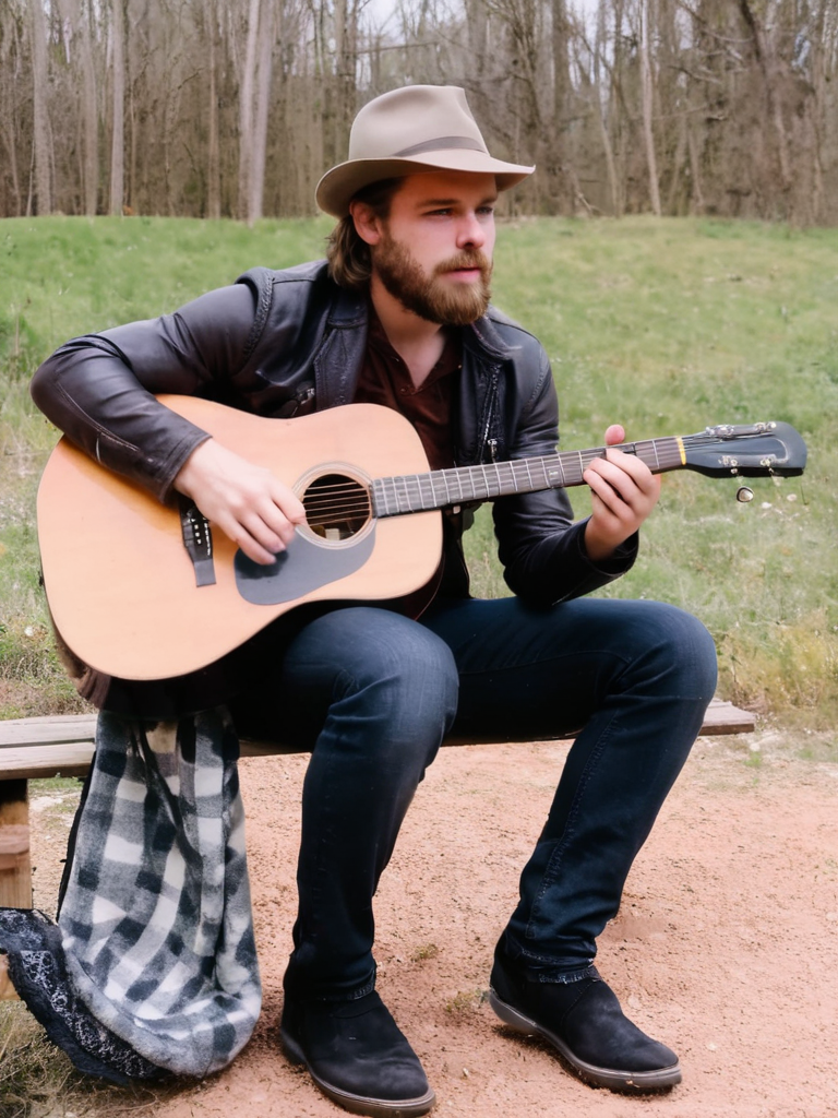 solo, brown hair, 1boy, hat, sitting, male focus, outdoors, facial hair, instrument, beard, music, guitar, playing instrument, acoustic guitar