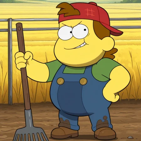 masterpiece, best quality, amazing quality, official style, billgr33n, male, solo, human, young, yellow skin, brown hair, short hair, black eyes, round ears, buck teeth, chubby, short, red cap, backwards cap, green shirt, blue overalls, buttons, brown shoes, standing, one hand on hip, holding rake, determined smirk, outdoors, farm, field