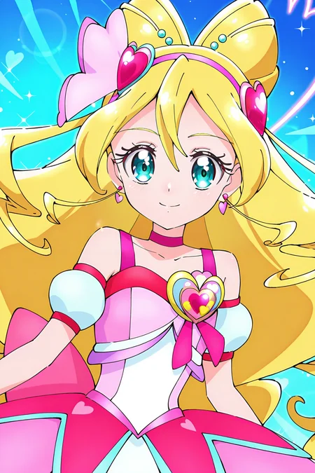 <lora:Kimi_to_Idol_Precure:1>, Kimi_to_Idol_Precure, 1girl, blonde hair, solo, long hair, jewelry, earrings, magical girl, heart, heart hair ornament, smile, looking at viewer, heart earrings, hair ornament, dress, aqua eyes, pink choker, bow, drill hair, hairband, heart brooch, pink bow, bare shoulders, cowboy shot,