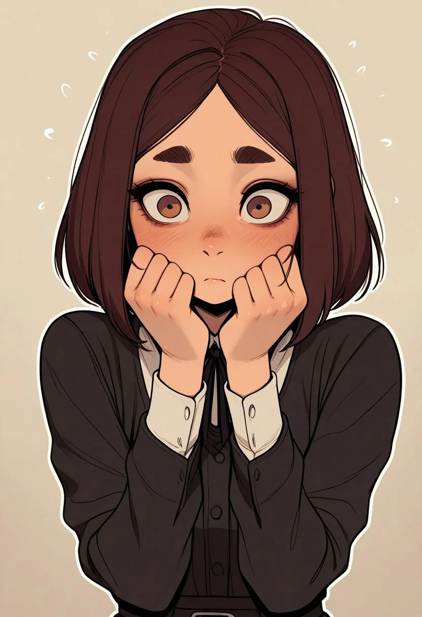 gothic_glittercore, masterpiece,best quality,amazing quality, artist: ShintAro kago, (artist: incase:0.7), 1girl, KJOmomo, big brown eyes, brown hair, medium hair, parted bangs, thick eyebrows, movement, white outline glow, chromatic aberration, high res image, high res image, high res image