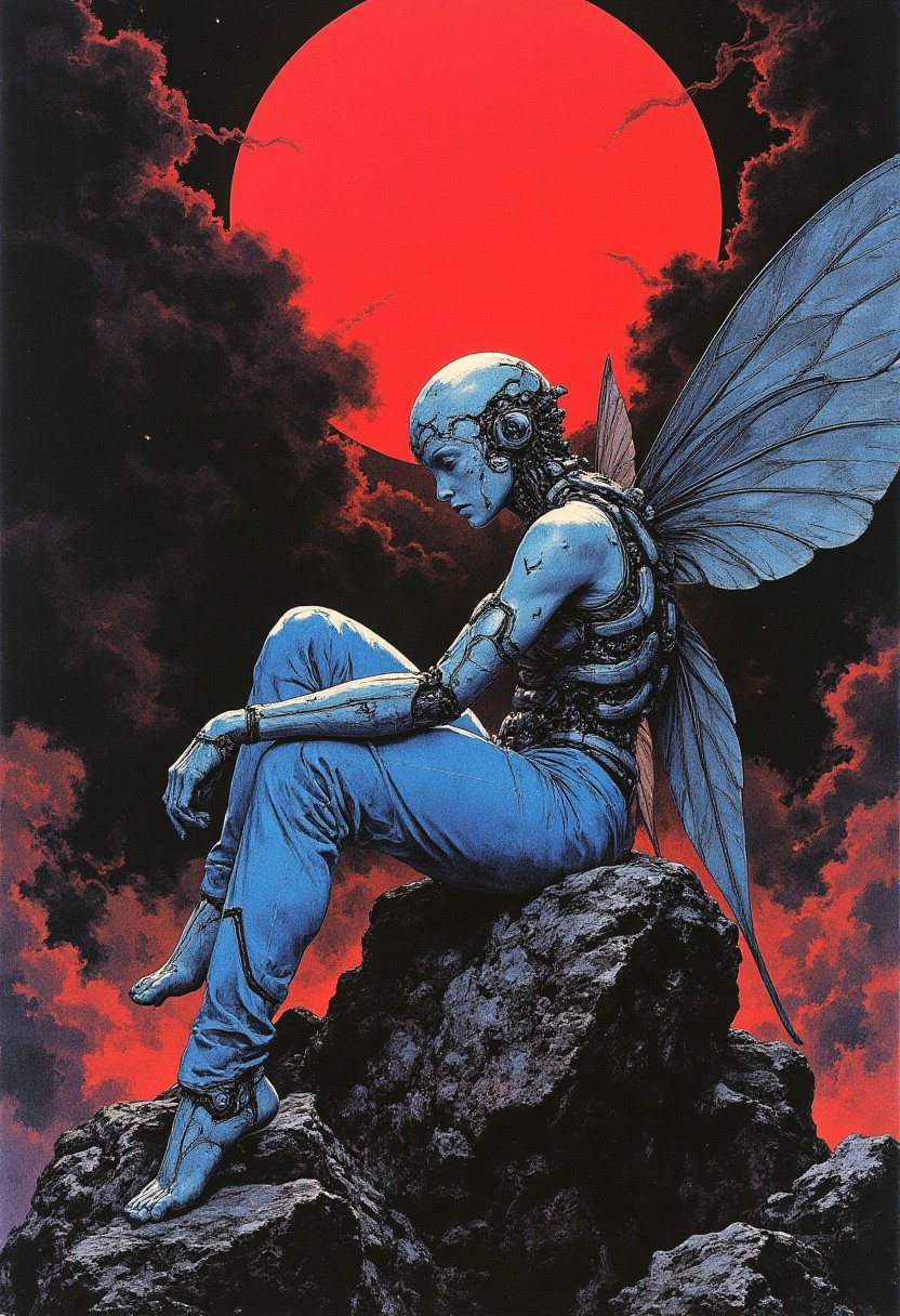 This is a cyberpunk anime artwork featuring a striking, surreal scene set against a dark, almost black background. At the center of the image is a female figure with an otherworldly appearance, seated on a rugged, rocky outcrop. She looks thoughtfully past the viewer. She has a blue complexion, and her body is adorned with intricate, mechanical armor that resembles a mix of organic and technological elements. Her armor is metallic, with various protrusions and details that add to her futuristic appearance. Her head is covered with a helmet that has a sleek, futuristic design. The figure's wings, which are large and expansive, are also made of a metallic material and have a segmented, insect-like appearance. The wings are spread wide, creating a dramatic and imposing presence. The figure's attire includes blue pants and a sleeveless top that exposes her arms, which are also armored. She has a sad, serene, contemplative expression on her face, adding to the enigmatic and mysterious atmosphere of the scene. The background features a large, vivid red sphere, which could be interpreted as a giant, glowing moon or a powerful energy source. The sphere is surrounded by dark, swirling clouds, adding to the ominous and otherworldly and sad feel of the scene. The overall color palette is dominated by deep blacks, reds, and blues. Add noise.