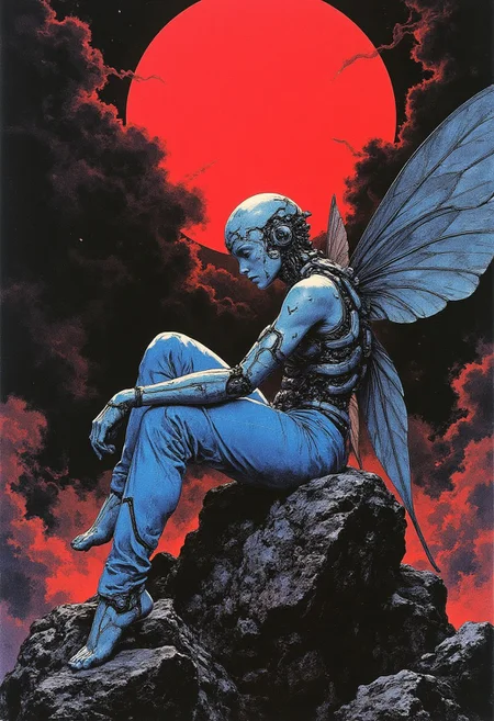 This is a cyberpunk anime artwork featuring a striking, surreal scene set against a dark, almost black background. At the center of the image is a female figure with an otherworldly appearance, seated on a rugged, rocky outcrop. She looks thoughtfully past the viewer. She has a blue complexion, and her body is adorned with intricate, mechanical armor that resembles a mix of organic and technological elements. Her armor is metallic, with various protrusions and details that add to her futuristic appearance. Her head is covered with a helmet that has a sleek, futuristic design. The figure's wings, which are large and expansive, are also made of a metallic material and have a segmented, insect-like appearance. The wings are spread wide, creating a dramatic and imposing presence. The figure's attire includes blue pants and a sleeveless top that exposes her arms, which are also armored. She has a sad, serene, contemplative expression on her face, adding to the enigmatic and mysterious atmosphere of the scene. The background features a large, vivid red sphere, which could be interpreted as a giant, glowing moon or a powerful energy source. The sphere is surrounded by dark, swirling clouds, adding to the ominous and otherworldly and sad feel of the scene. The overall color palette is dominated by deep blacks, reds, and blues. Add noise.