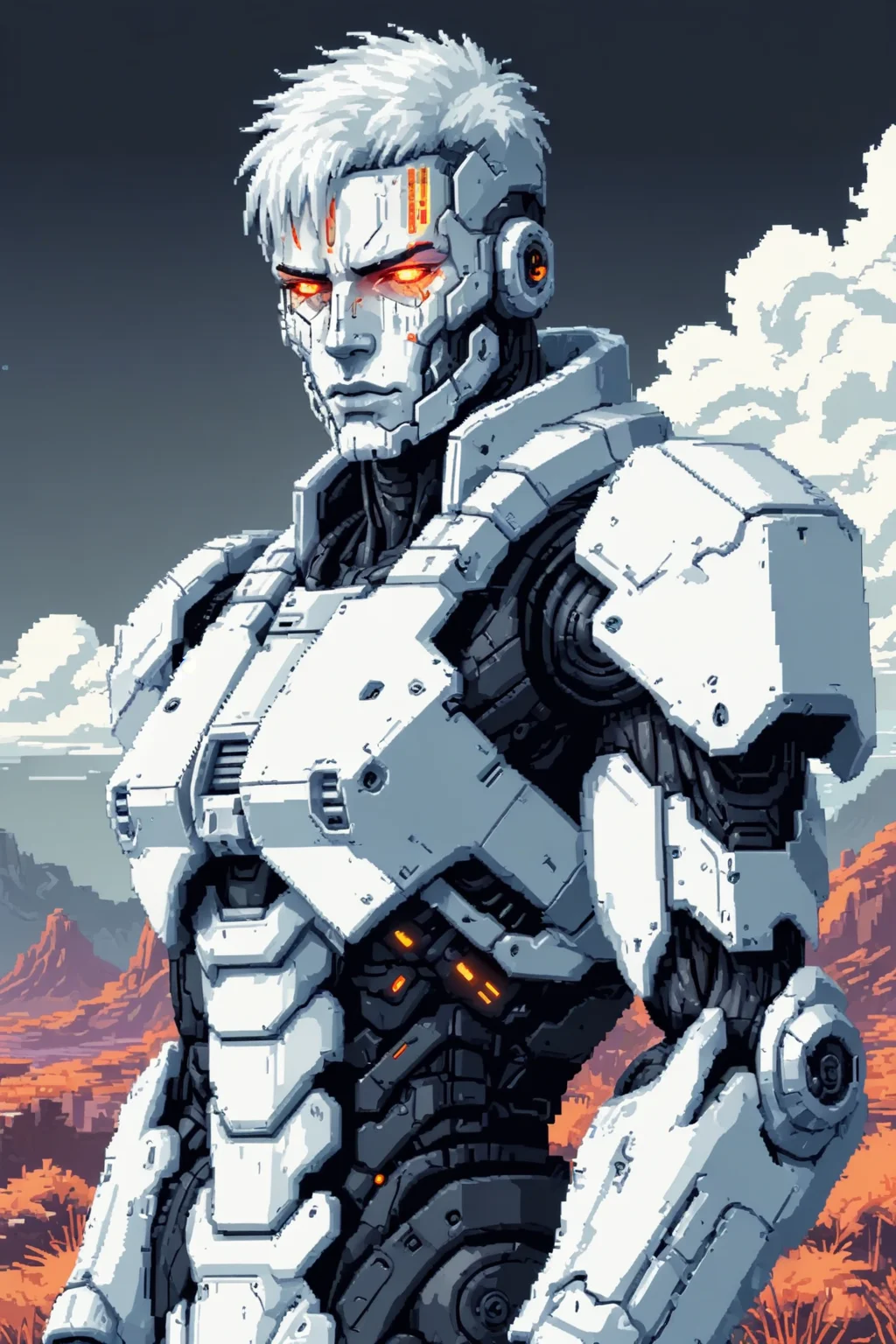 portrait,pixelart 16bits style, white cyborg soldier landscape background cyberpunk