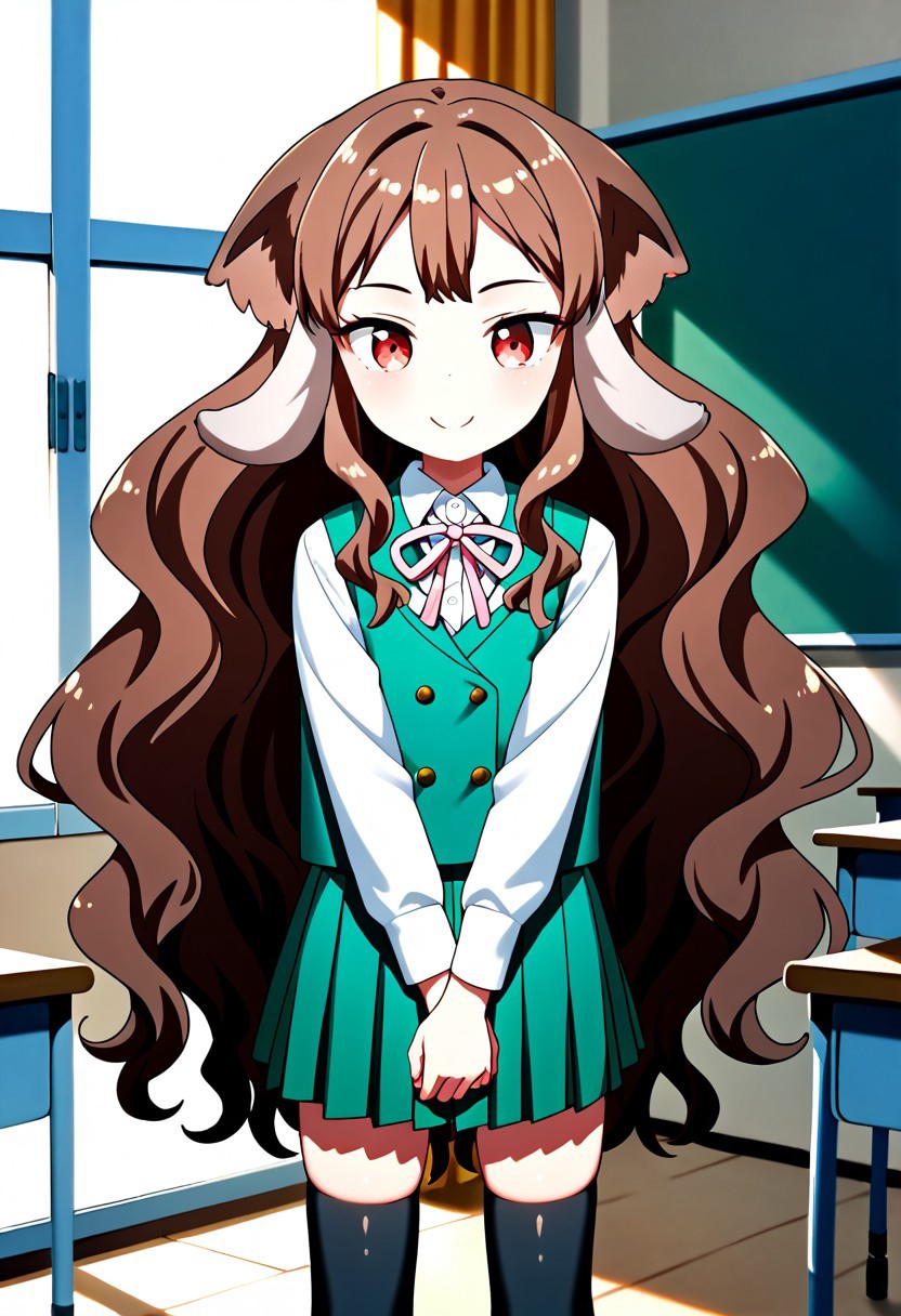 score_9, score_8_up, score_7_up, score_6_up, score_5_up, score_4_up,, 1girl, solo, original anime,
Koorimoto Man, Very Long Hair, Brown Hair, Wavy Hair, Short Bangs, Wavy Hair, Two-Tone Hair, Mammoth Ears, Flat Chest (Red Eyes: 1.2), Short, Green Vest, Green Skirt, School Uniform, Collared Shirt, Black Stockings, Pink Bow, White Shirt, Long-Sleeved Shirt,
Standing, Smile, Frowning Face, Inside a Classroom,