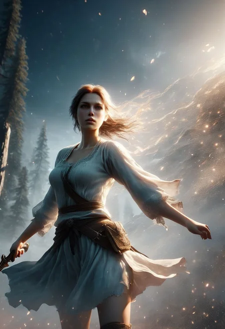 Minimalism, A character with an overhead view angle, lens flares, more dramatic lighting, deeper, a colder color grading, sweat, her expression is of fierce determination, 8k resolution, ultra HDR, and ghostly beauty. hourglass body with The image should reflect intricate details, raw photo quality, and a windy atmosphere. She is holding a sword in her hand. Make her wear shorts clothes. Add more realistic skin. Clear background. Make her more realistic. Remove motion blur. Make image quality same midjourney. Make image same concept game. Make her details and sharpness. Make her skin natural. Concept art portrait by Gottfried Helnwein. Add more graphics quality of Unreal Engine 5.