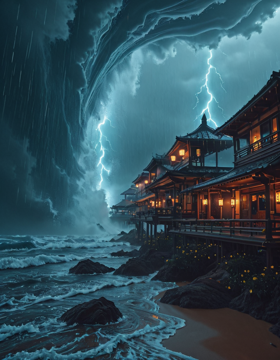 <lora:Space_Worlds_Minis_5:1> swminis5bis, in asia, beautiful landscape, seaside, storm, lightnings, trees, kanji, rain, wet, flowers, half flooded traditional house, lantern, waves, lots of wind, from below, from side, depth of field, bridge, giant waves