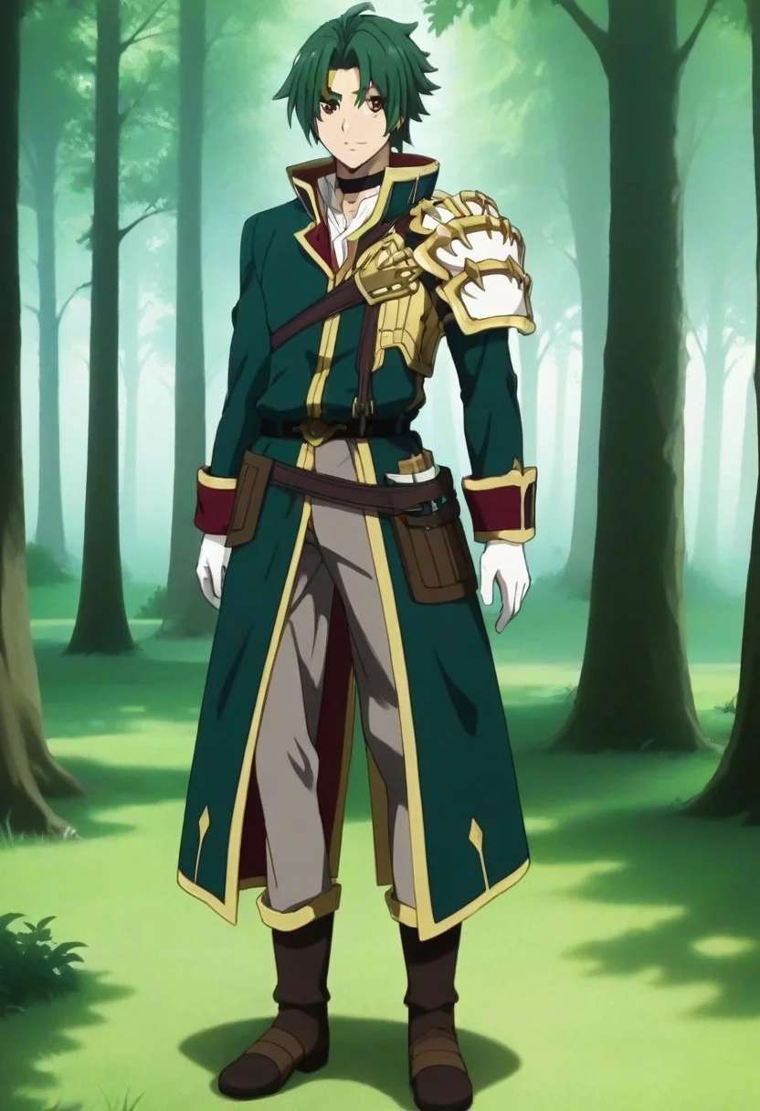 ((masterpiece)), ((best quality)), ((ultra-detailed)), ((absurdres)), score_9_up, score_8_up, score_7_up,
HD, top quality, best quality, amazing quality, High-quality illustrations, anime screencap, source_anime, best aesthetic, perfect proportions, perfect eyes, 1boy, 1male, solo boy, solo male, male focus, solo male focus, Anime, boy, male anime character, anime boy, handsome, cute, charming, sexy, Theo Cornaro, green hair, split bangs, orange eyes, black hair, hair between eyes, green eyes, choker, long green coat, closed coat, white left arm armor, red sleeve cuffs, white gloves, brown belt straps, belt, grey pants, brown boots, ((lean body, toned fit body, slim waist)), ((tall, tall body, Tall height)), ((forest, trees, nature)), ((full body shot, head to feet shot)), easynegative, updn, Expressiveh, masterpiece, best quality, very aesthetic, absurdres