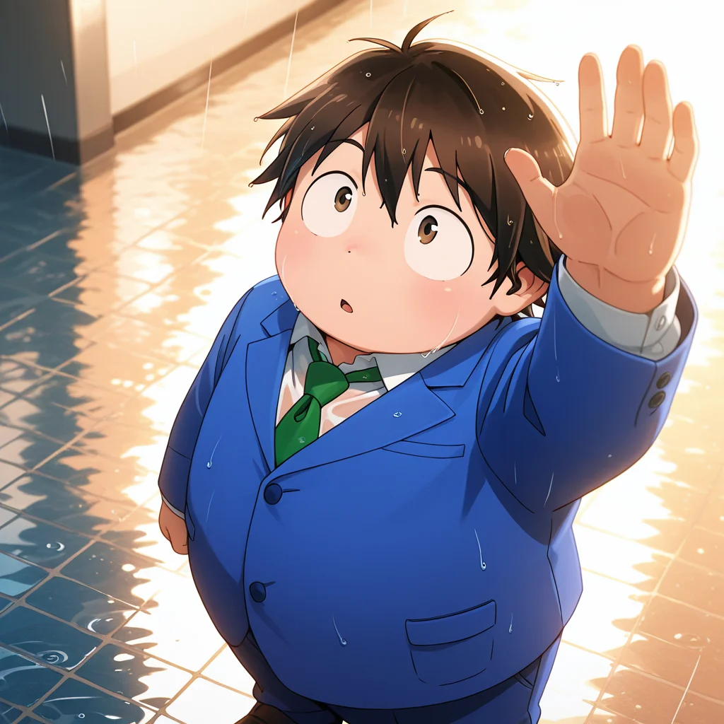 deep contrast, luminous lighting, cinematic ambiance, best quality, colorful, masterpiece, detailed_background, <lora:haruhi-v2:0.9> (awharuyukia), aged_up, chubby, 1boy, school uniform, blue blazer, blue pants, rain, BREAK wet body, wet hair, wet clothes, from above, looking up, arm up, palms, see-through, wet, green necktie