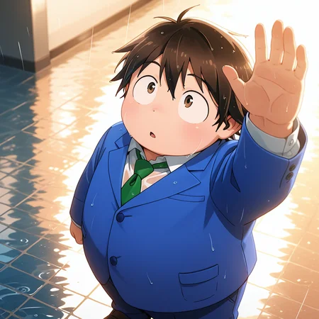deep contrast, luminous lighting, cinematic ambiance, best quality, colorful, masterpiece, detailed_background, <lora:haruhi-v2:0.9> (awharuyukia), aged_up, chubby, 1boy, school uniform, blue blazer, blue pants, rain, BREAK wet body, wet hair, wet clothes, from above, looking up, arm up, palms, see-through, wet, green necktie