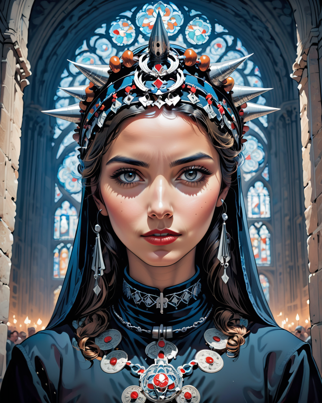stylized by Apollonia Saintclair, concept art, ground level shot of a Notre-Dame Cathedral full of Futuristic Sekreteris, Low Contrast, <lora:Moroccan_Headdress_Ait_Baamrane:0.8> traditional, headdress