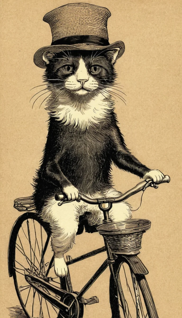 cat in a hat on a bike <lora:vntg-line-art-v2:1> vntg, line-art