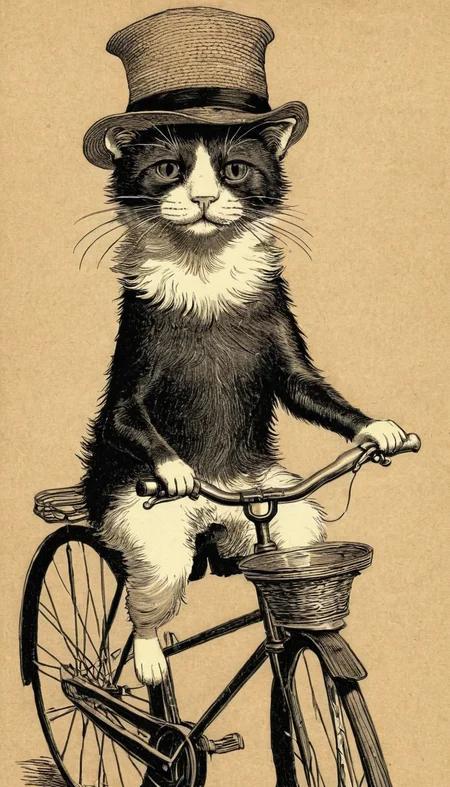 cat in a hat on a bike <lora:vntg-line-art-v2:1> vntg, line-art