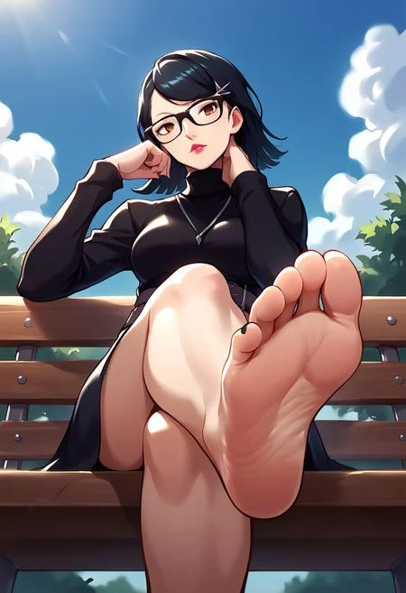 score_9, score_8_up, score_7_up, score_6_up, best_quality, source_anime,
katayamap5x, black hair, short hair, brown eyes, hairclip, glasses, lipstick, necklace, black dress, turtleneck, belt, barefoot, black toenails
detailed background, sitting on park bench, cloudy day, overcast sky,
curious, :o, bedroom eyes, head tilt, head rest,
(1sole, 2legs, foot focus:1.3), foreshortening, sole pov, high arched foot,
elegant pose, detailed sole, high-arched foot, wrinkled sole, (5 toes, perfect feet), crossed legs, (front view, from below:1.2), zPDXL3, detailed,