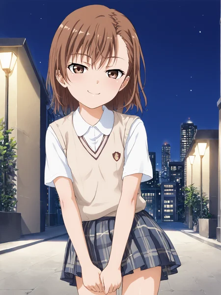 solo, <lora:misaka_imouto:1> misaka imouto, 1girl, small chest,, score_9, source_anime, score_8, (detailed:1.3), <lora:pony_good_hands:1> good_hands, 5fingers, outside, city, night, tokiwadai school uniform, light smug, general,