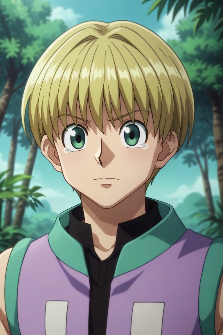 score_9, score_8_up, score_7_up, source_anime, rating_safe, intricate details, anime screencap, , , , depth of field, 1boy, solo, male focus, <lora:shalnark_ryuseih_pony:0.82>, shalnark_ryuseih, blonde hair, green eyes, short hair, sleeveless, symmetry, jungle, day, clouds, the pose, tearing up, crewneck, scally cap, <lora:sdxl_lightning_8step_lora:1>