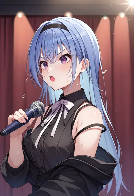 score_9, score_8_up, score_7_up, source_anime, 1girl, suzuki hana, blue hair, long hair, purple eyes, black hairband, sleeveless dress, black jacket, off shoulder, neck ribbon, serious, sweat, holding microphone, singing, open mouth, from side, face focus, stage <lora:brj-hana-pony-v0.5:1>