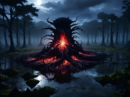 breathtaking an island made of mutated living flesh and teeth in the middle of a toxic swamp, <lora:Cyberfleshmutant:0.6> rotten fleshmutant plants, <lora:DonMD3m0nV31nsXL_v1.1:1> DonMD3m0nV31nsXL, demonic, pulsating veins, bio, organic terrain and ground, <lora:EnvyDreamlandsXL01-adamw:0.5>, dark and mysterious atmosphere,, masterpiece, award-winning, professional, highly detailed, rim lighting