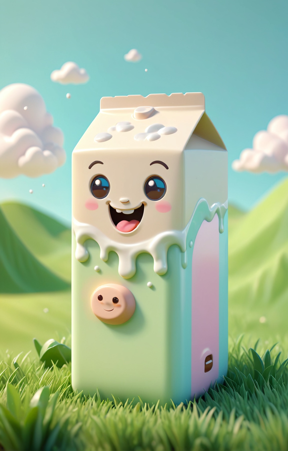 3d isometric, blender render, soft colorful-hued colors,  <lora:Smiling_Jellyfish_XL_Series:1> a tiny and cute carton of milk smiling, clouds and grass in the background Two tone lighting, abstract geometric gradients, geometric shapes, simple background