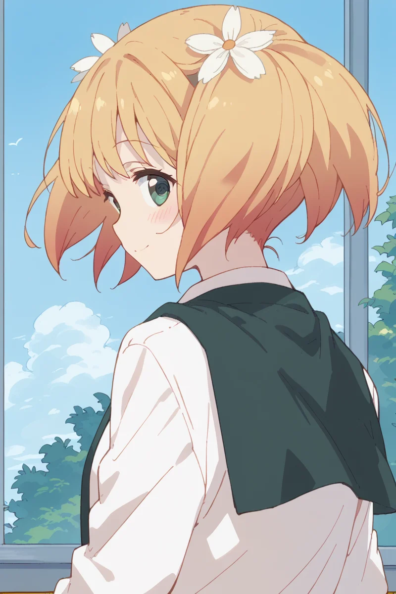 score_9, score_8_up, score_7_up, score_6_up,
<lora:Yuu_Sonoda:1> yuu, 1girl, solo, hair flower, flower, hair ornament, twintails, green eyes, blonde hair, smile, looking back, school uniform, blush, short hair, looking at viewer