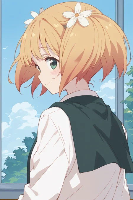 score_9, score_8_up, score_7_up, score_6_up,
<lora:Yuu_Sonoda:1> yuu, 1girl, solo, hair flower, flower, hair ornament, twintails, green eyes, blonde hair, smile, looking back, school uniform, blush, short hair, looking at viewer