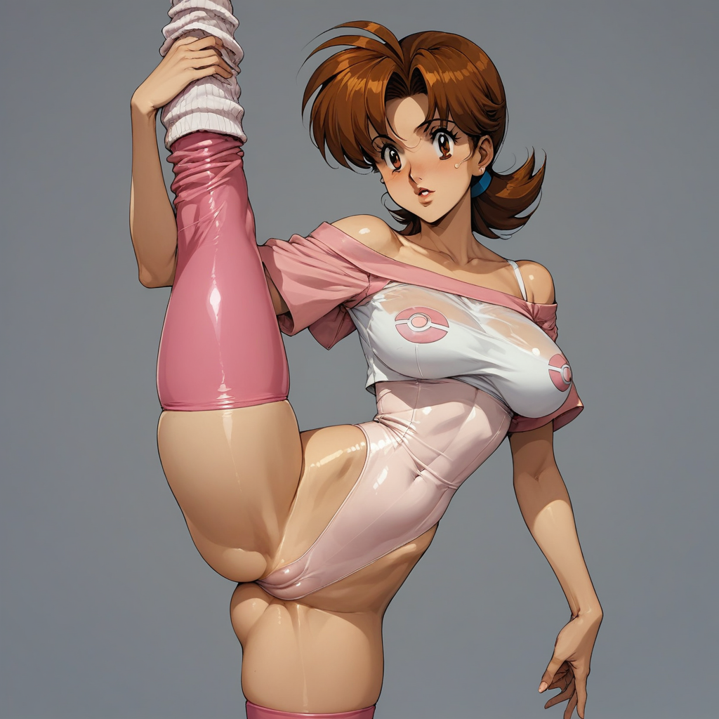 anime artwork, score_9, score_8_up, score_7_up, score_6_up, score_5_up, solo, source_pokemon, delia ketchum, BREAK, MILF, large breasts, 25 year old female, delia ketchum\(Pokemon\), 1woman, (brown hair), brown eyes, shiny skin, perfect beautiful face, long eyelashes, sharp eyes pupils, full lips, parted lips, nice thighs, round ass, nervous expression, shiny skin, naughty face,  dutch angle, front facing, Standing split, brown hair, yellow hairband, brown eyes, retro_workoutwear, 1980s_(style), aerobics, leg_warmers, stirrup_legwear, neon, leggings, shiny_leotard, neon_pink, crop_top, off_shoulder, tented_shirt, cameltoe, skintight, see-through, standing, sexy pose, simple background