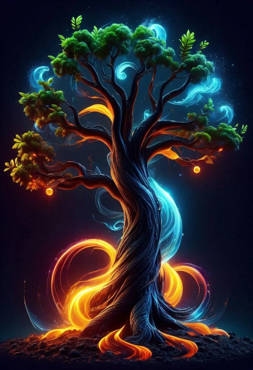 neon, logo for game, stylized baobab tree made out of (tornado , Wind:0.9), (dirt sphere, plants, Earth:0.7), (sphere, flame, Fire:0.5), (water sphere, splash, Water:0.8), ElementsMix,