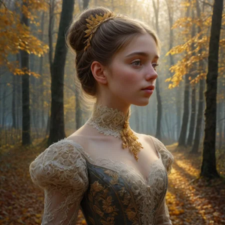 epiCRealism, masterpiece, highly detailed, one girl in a extremely detailed Victorian dress, lace and embroidery with golden leaves and pearls, hair made in a high bun, she walks alone through a late autumn forest in a cold morning, the Sun has just risen and timid sun-rays pierce the autumn leafs and reaches the early mist that clings to the earth, time stands still while  early snowflakes falls from a grey sky