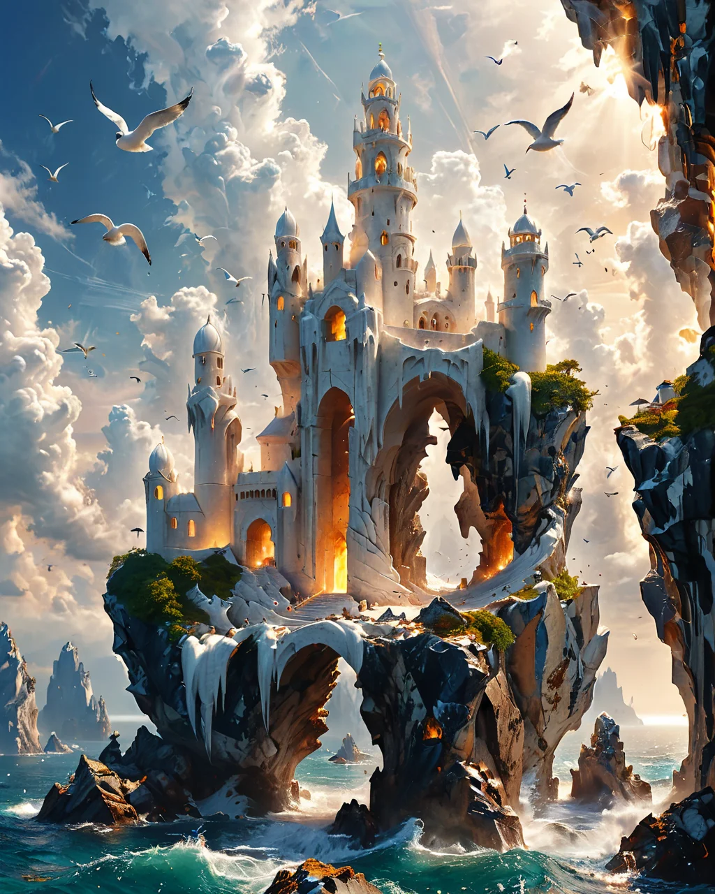fantasy fortress on a large rock floating in the sky, shapely wavy white marble towers, viewed from the ground, ocean, seabirds, volumetric lighting, <lora:add-detail-xl:0.8>, <lora:xl_more_art-full_v1:0.5>, <lora:XSfenlie:1> fenliexl