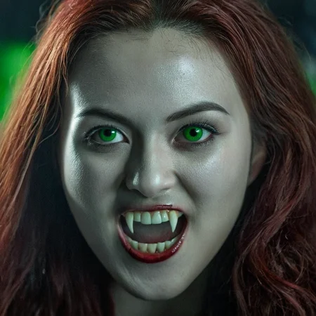 Horror-themed,  <lora:fangs teeth 4:0.6>
 <lora:perfection style:0.5> perfection style
 <lora:cinematic color motion picture film style:0.3> cinematic color motion picture film style
 <lora:Underlighting Underlight light from below style:0.3> Underlighting Underlight light from below style
 <lora:facial expression style:0.3>
 <lora:vampire style v2:0.5>
Vampire Asian a woman with long red hair and green eyes,1girl,solo,long hair,looking at viewer,smile,brown hair,black hair,green eyes,teeth,grin,blurry,black eyes,lips,fangs,portrait,realistic,dark,horror (theme),cinematic,filmic,realistic,movie still,horror themed,vampire style , detailed, detailed background, detailed scene, detailed teeth, detailed fangs, Eerie, unsettling, dark, spooky, suspenseful, grim, highly detailed