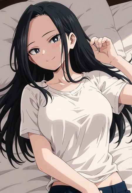 momo_yaoyorozu, 1girl, 1girl,score_9, score_8_up, score_7_up, black hair, black eyes, white pupil, solo, long hair, smile, shirt, collarbone, portrait, white shirt, lying, on bed, breasts, looking at viewer, blush, closed mouth, animestyle, hairdown