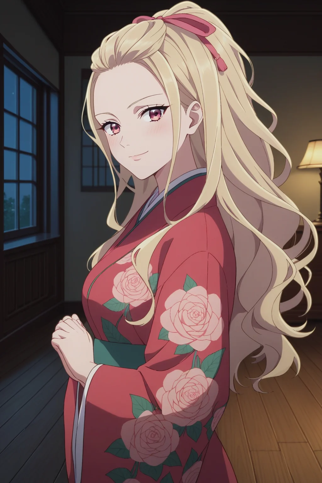 score_9, score_8_up, score_7_up, source_anime, 1girl, prefect lighting, very aesthetic, intricate details, highly detailed background, masterpiece, high quality, prefect hands, best quality, solo,
<lora:Kaya_Saimori_My_happy_marriage_V1:.85>, blonde hair, pink eyes, bangs pinned back, long hair, pink hair ribbon,
white kimono, floral print, red kimono, back bow,
from side, praying, standing, arrogant, bratty, smirk, blush, head tilt, looking at viewer,
night, nighttime, east asian architecture, dark room, bedroom, traditional bedroom, window, wooden floor, dimly lit,
(Beautiful, medium Breasts:1.2), natural breasts,
