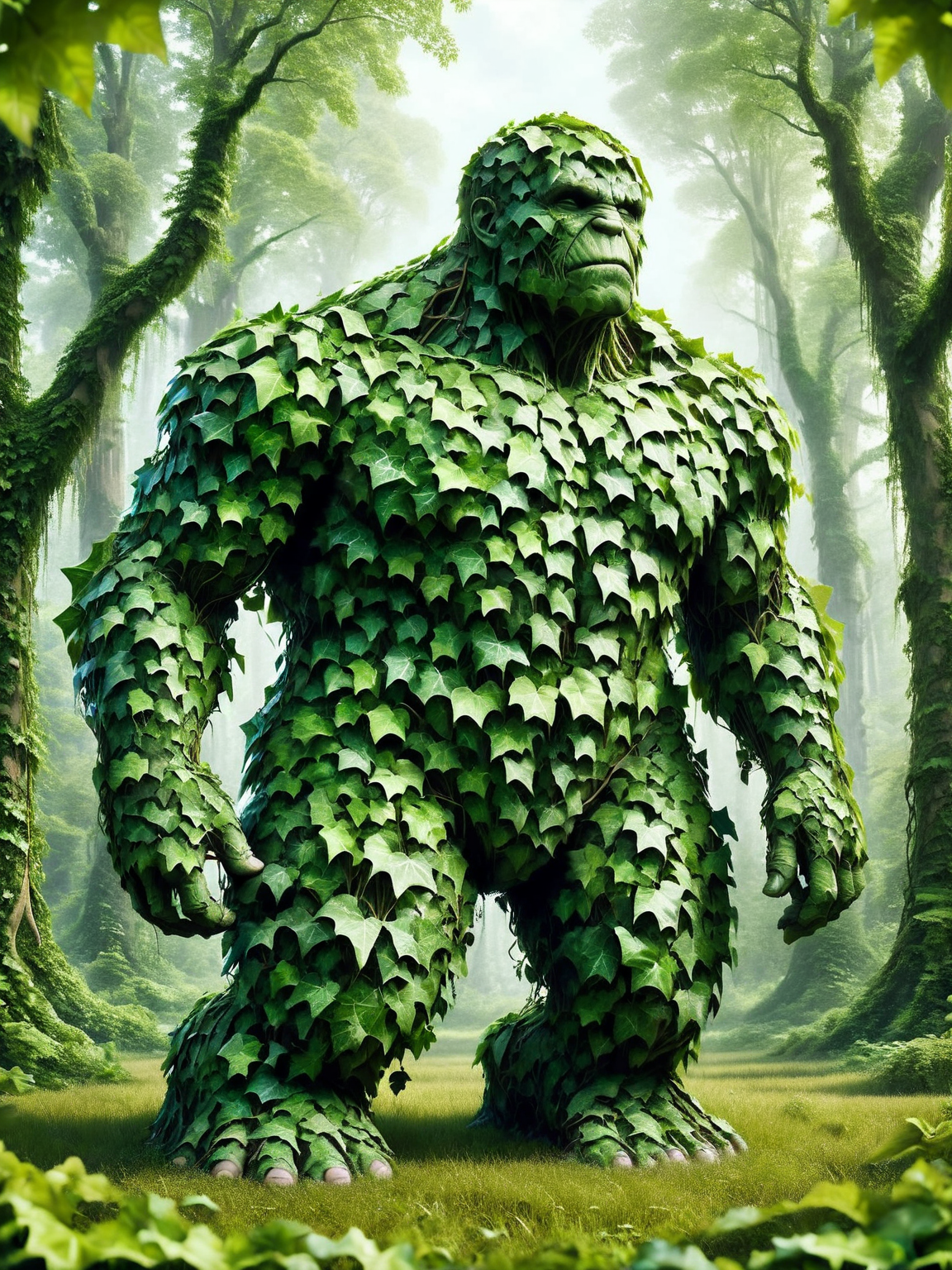 An ais-ivy golem, a hulking figure rising from a field of leafy growth, kneels with outstretched hand in a verdant forest. <lora:ais-ivy-sdxl:1>