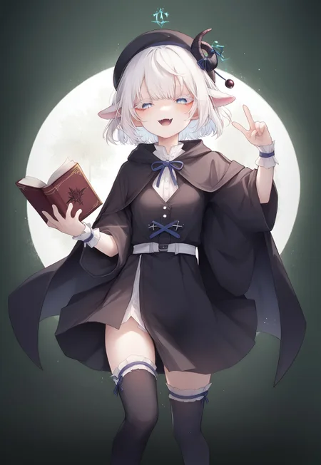 safe_pos, score_9, score_7_up,detailed face, (LOLIt*), lineart, (kedama style), shiny skin, breath, ear blush,
(((perspective, depth_of_field))), (dark green background, abandoned forest),
detailed line, (eye focus), looking at viewer, ((magic circle, pointing at viewer)), standing,
BREAK

(((sheep ears))), see-through black cloak, ((pink lips)),

((pigeon-toed)), (toeless_legwear thighhighs),
(lace-trimmed gloves), looking at viewer, black clothes, beret, glasses, (white eyelashes),
(half-closed eyes), blue eyes with reflection, ear blush, ((shaded face, hugging book)), slit pupils, crystal,  
small breasts, cleavage, lips, fangs, (furrowed brow), mesugaki,
white hair, messy hair, [medium hair], [black curled horns], (bare shoulders),