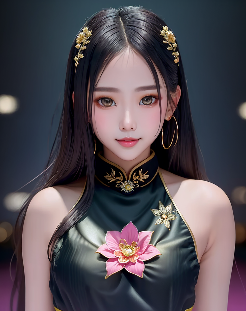 Masterpiece, high quality, 4K, beautiful design, shiny, from the front, award winning photo, extremely detailed, amazing, fine detail, absurdres, highly detailed woman, extremely detailed eyes and face, by lee jeffries nikon d850 film stock photograph 4 kodak portra 400 camera f1.6 lens rich colors hyper realistic lifelike texture dramatic lighting unrealengine trending on artstation cinestill 800 tungsten, solo, 1girl, dudou, pink,a woman standing up smiling, excited, , floral pattern, golden embroidery, black lining,woman wearing the dudou, <lora:Dudou:0.65>, KPG face, <lora:KPG:0.75>